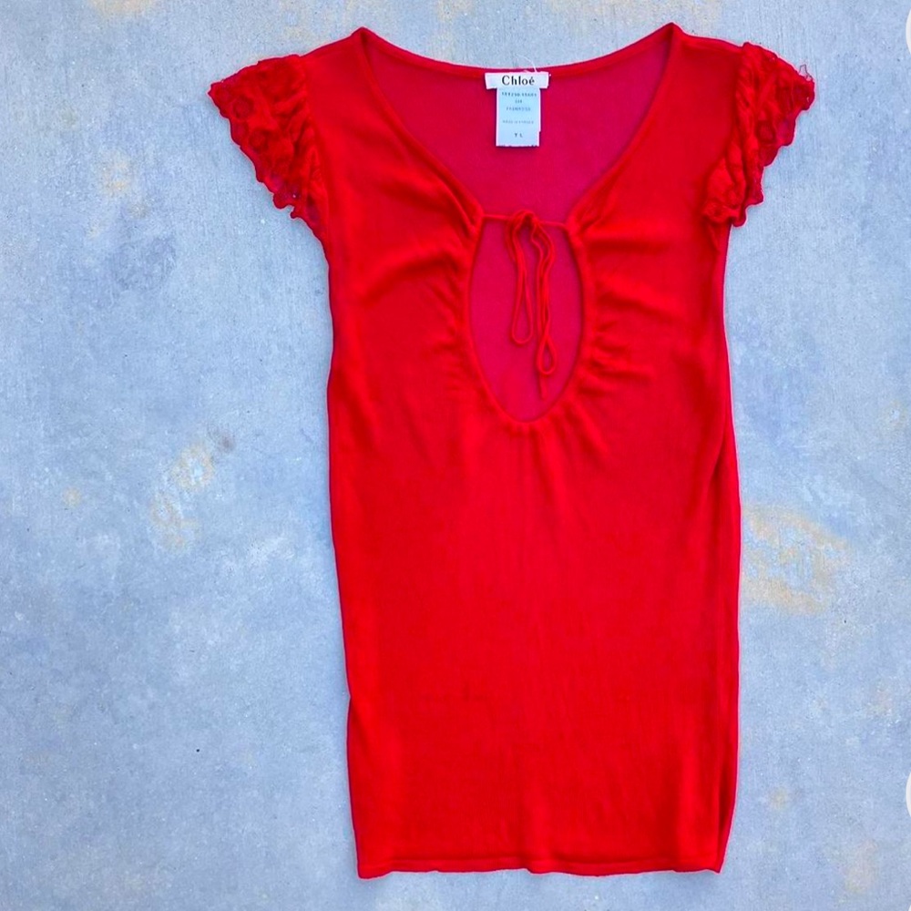 Chloe red sheer keyhole top